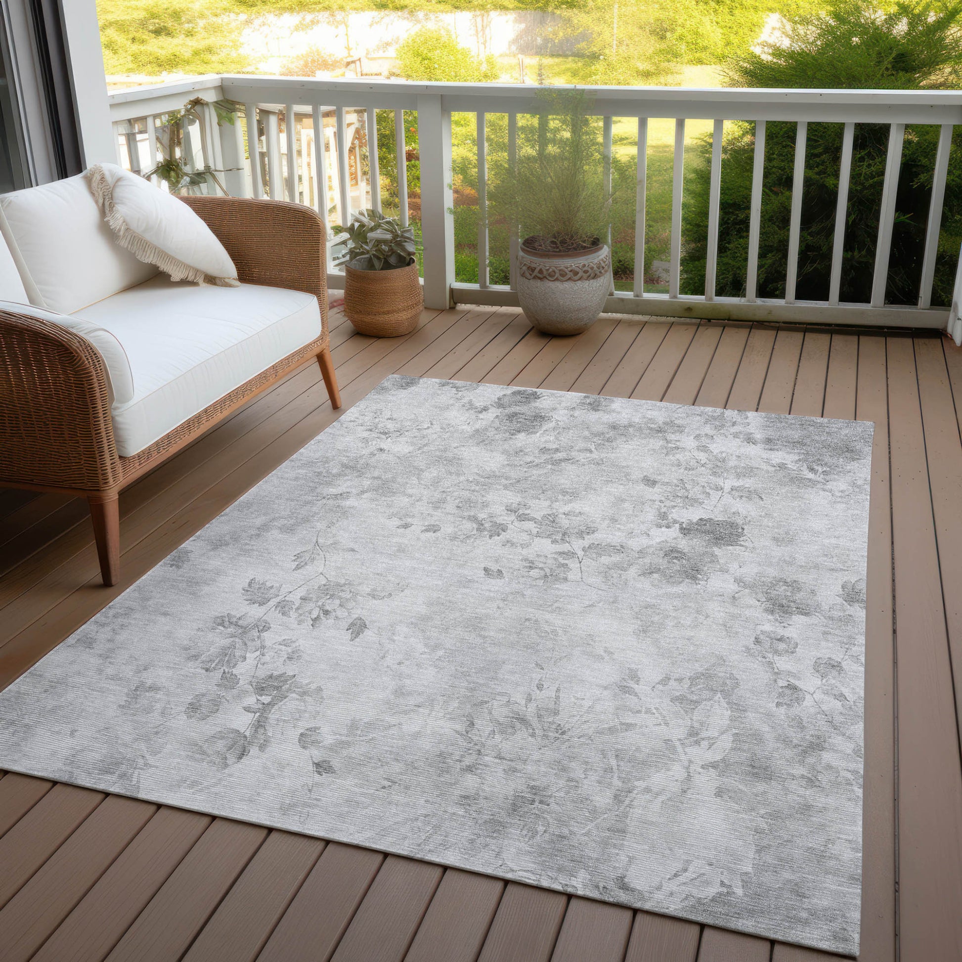 9' X 12' Gray Charcoal And Silver Floral Washable Indoor Outdoor Area Rug-6