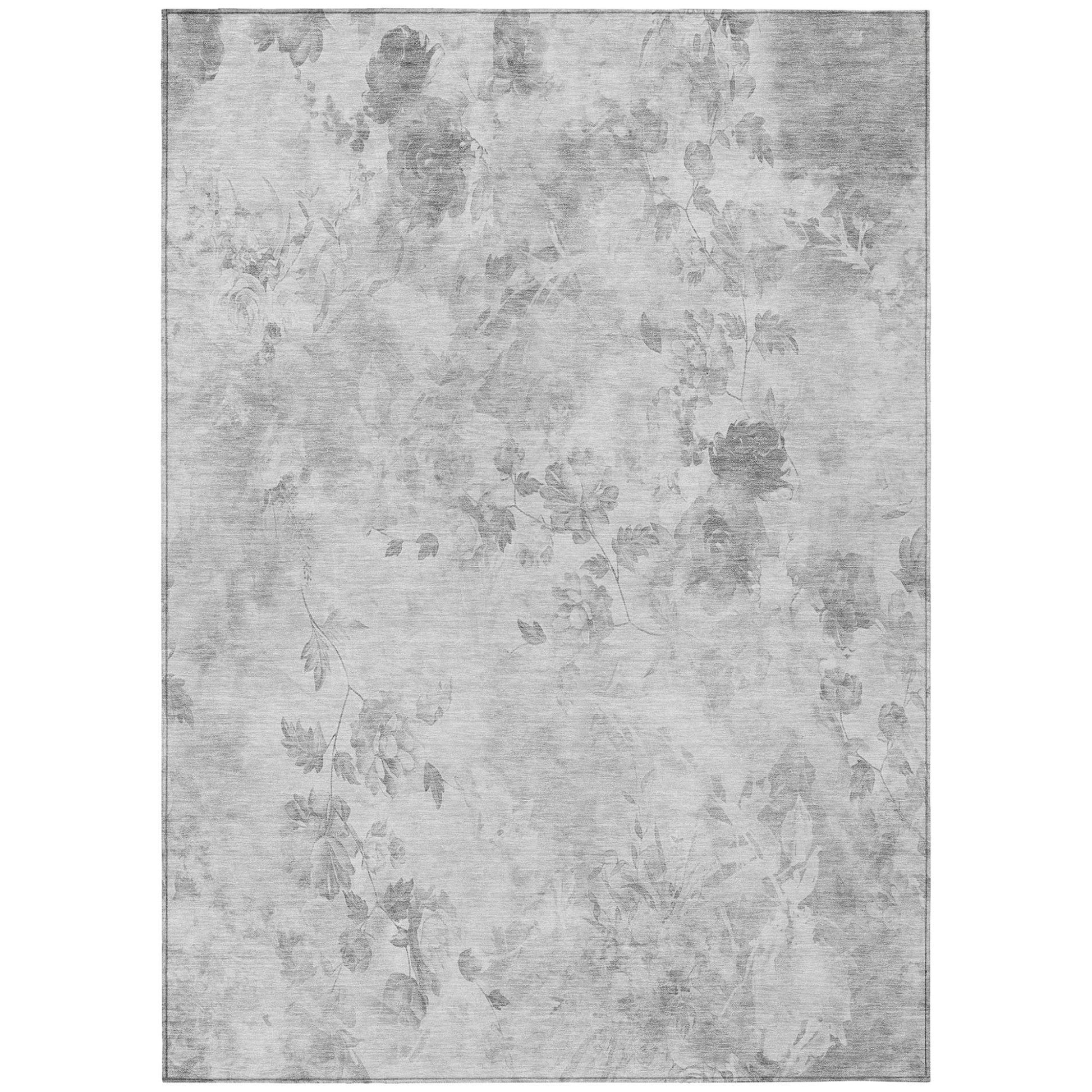 9' X 12' Gray Charcoal And Silver Floral Washable Indoor Outdoor Area Rug-1
