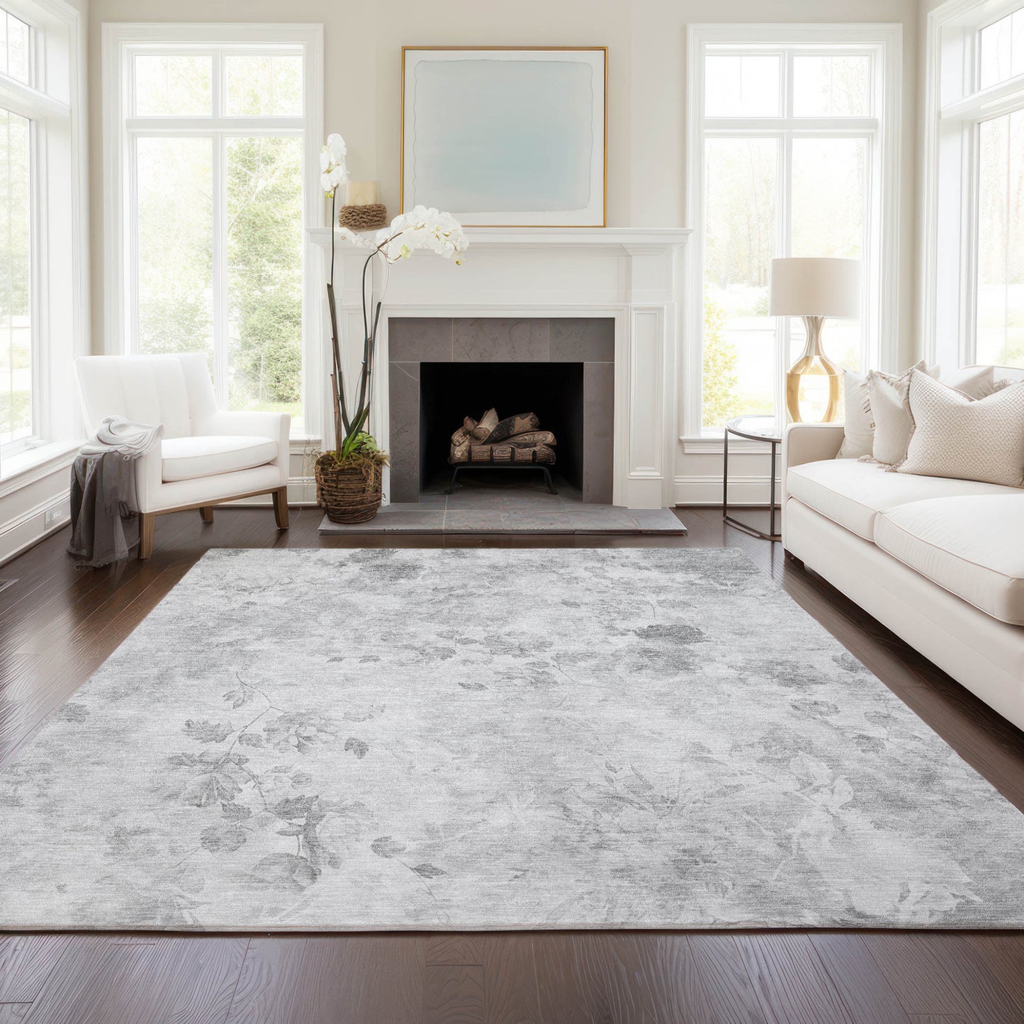 9' X 12' Gray Charcoal And Silver Floral Washable Indoor Outdoor Area Rug-7