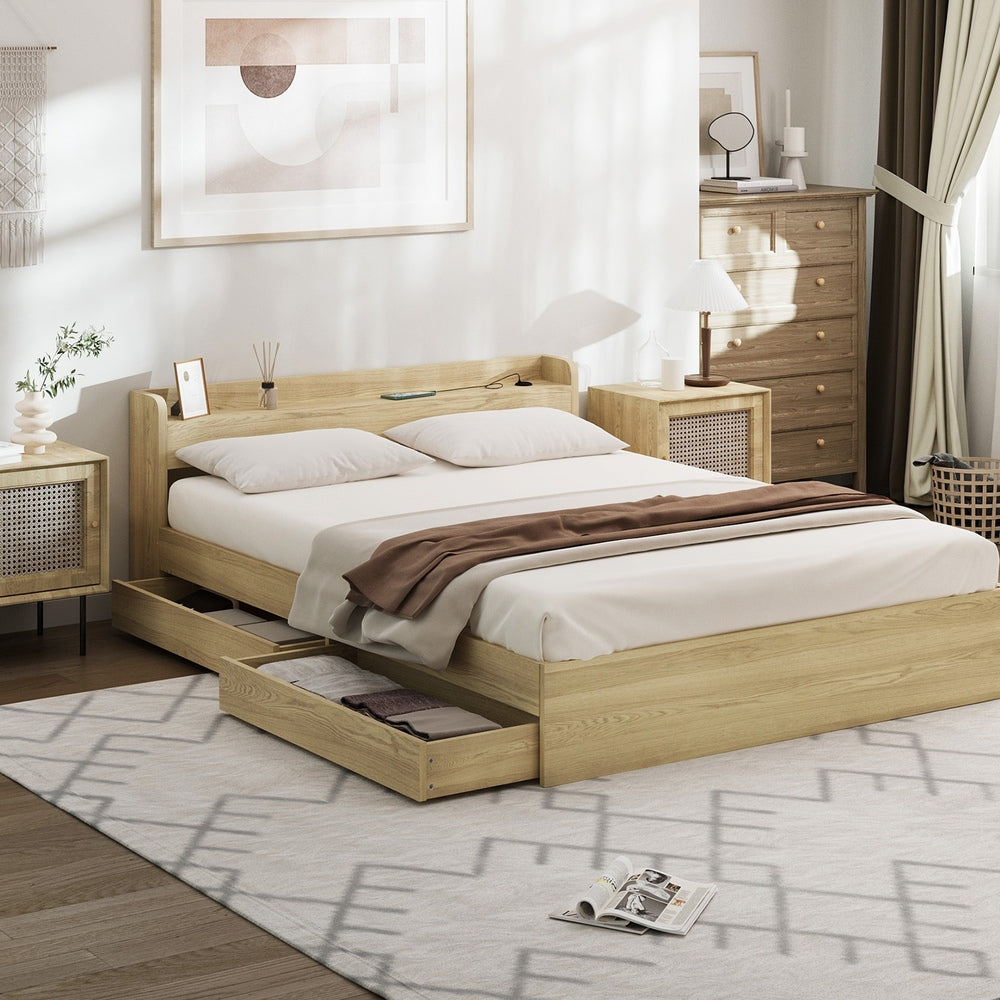 NNEED Queen Bed Frame with Charging Ports & 2 Drawers-3