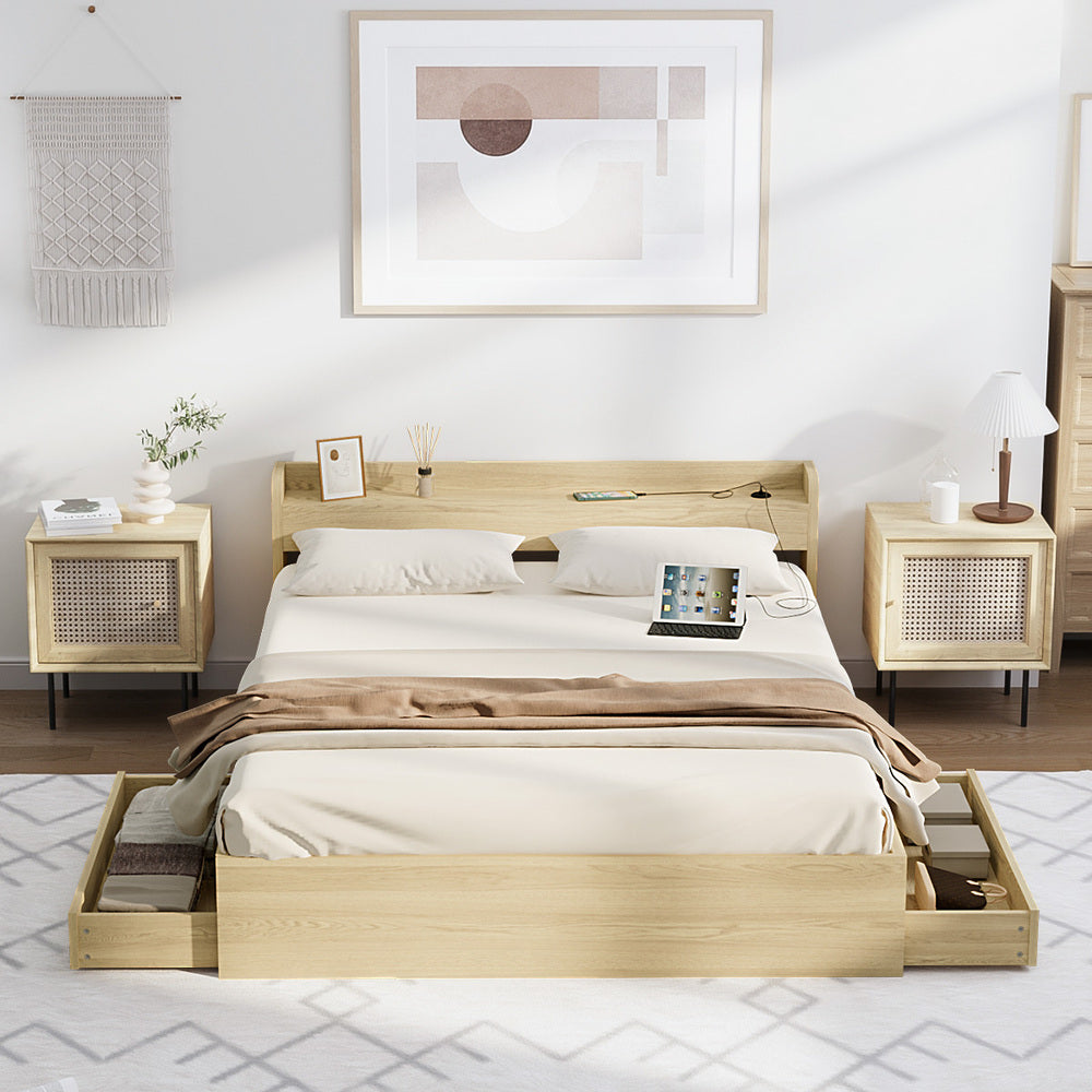 NNEED Queen Bed Frame with Charging Ports & 2 Drawers-2
