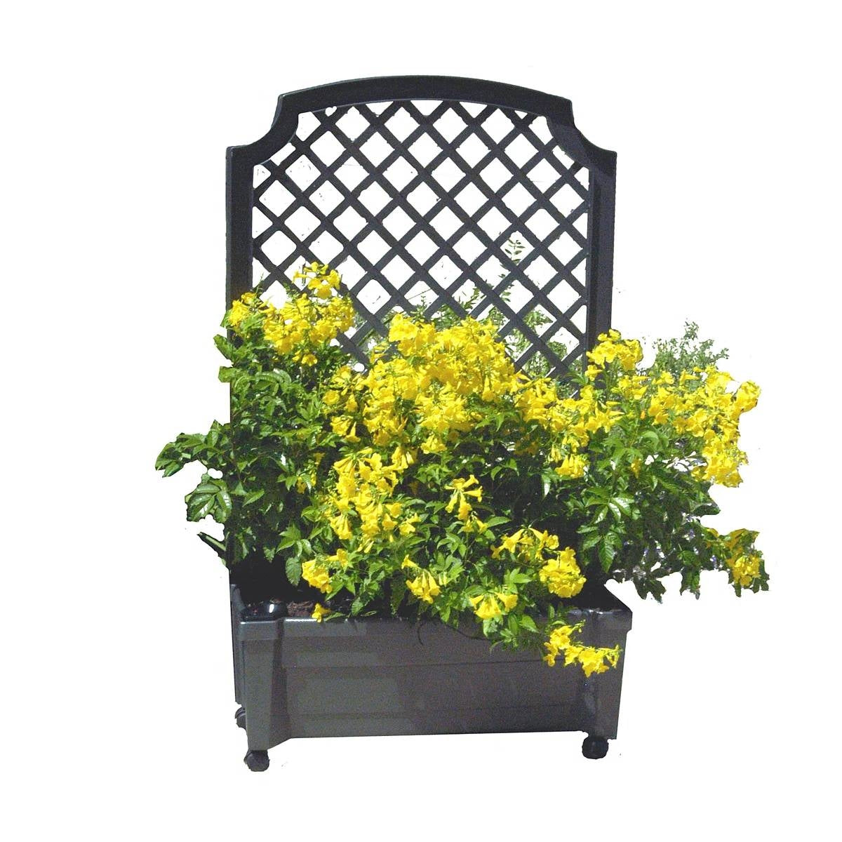Outdoor Self-Watering Garden Planter with Trellis and Wheels in Grey Plastic-4