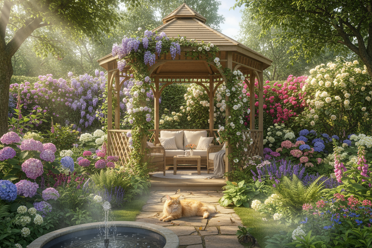 a comfy gazebo surrounded by a beautiful, lush garden with a cat relaxing in the sun